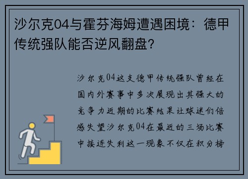 沙尔克04与霍芬海姆遭遇困境：德甲传统强队能否逆风翻盘？