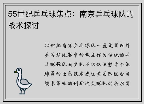 55世纪乒乓球焦点：南京乒乓球队的战术探讨