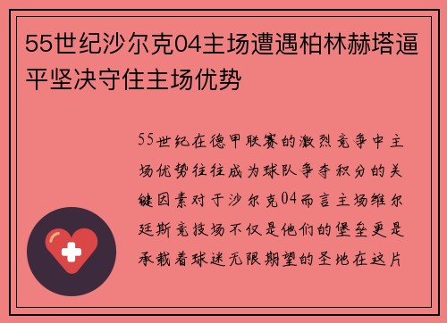 55世纪沙尔克04主场遭遇柏林赫塔逼平坚决守住主场优势
